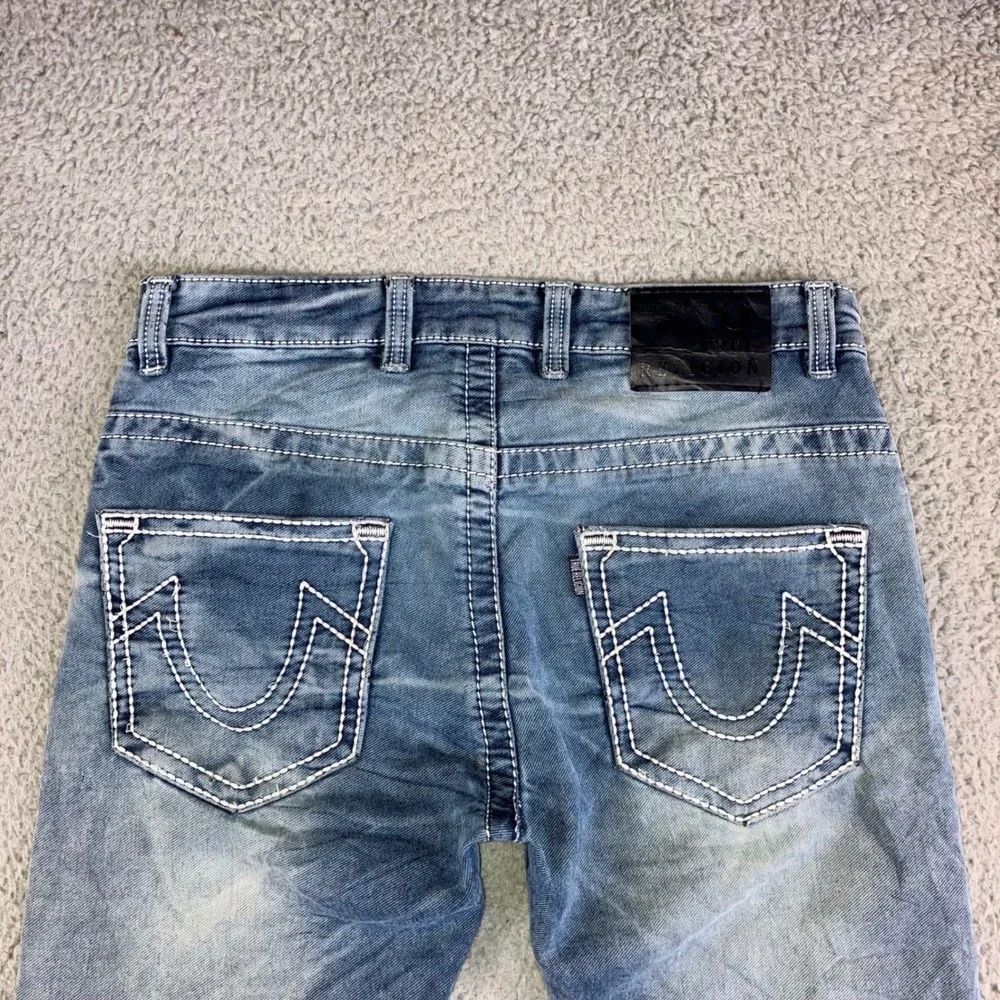 True Religion Jeans Men 32X28 Low Rise Skinny‎ Blue Thick Stitch Logo Distressed